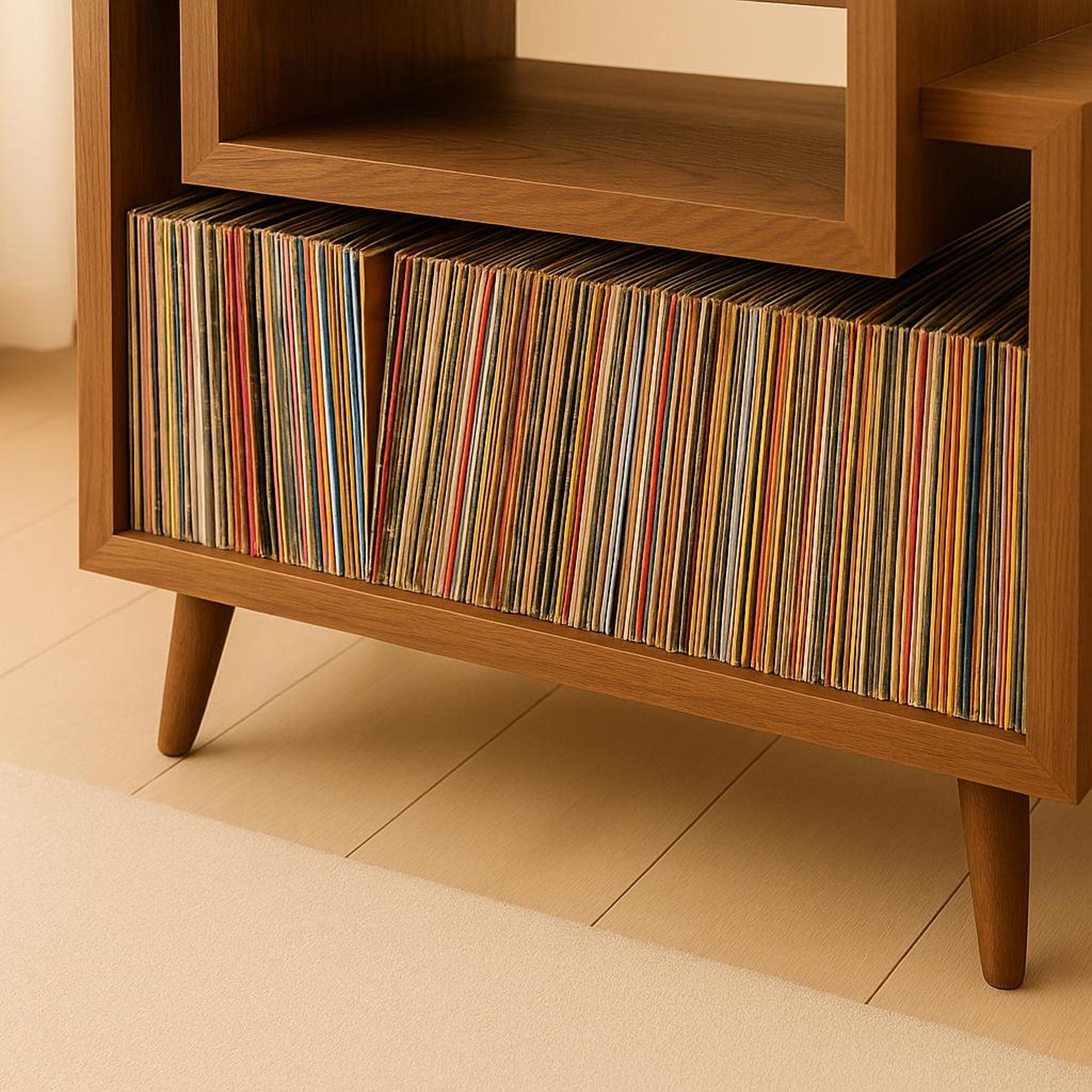 Meuble Support Tourne-Disque Vinyles – Rangement 100 Disques, Chêne Noir Mat, Bois Ingénierie, 100x38x48 Cm, 6 Étagères