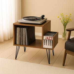Mid Century Record Player Stand with Hairpin Legs – Vinyl Record Storage Cabinet and Turntable Stand for Living Room or Studio