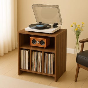 Solid Wood Record Player Stand with Vinyl Record Storage – Mid Century Media Console and Turntable Cabinet with Shelves