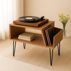 Mid Century Modern Record Player Stand – Solid Wood Turntable Stand with Vinyl Record Storage, Record Cabinet and Stereo Shelf