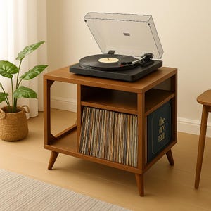 Mid Century Modern Record Player Stand with Vinyl Record Storage – Solid Wood Turntable Stand and LP Storage Table for MCM Homes