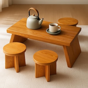 Japanese Low Table with Stools, Japandi Coffee Table, Tatami Dining Table, Kotatsu Style Wooden Table for Modern Interiors
