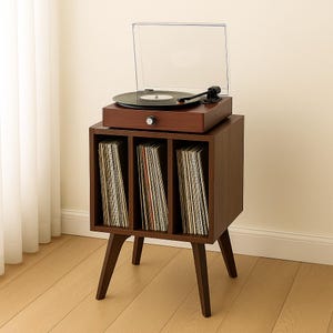 Supporto per giradischi in stile moderno di metà secolo: tavolo in legno massello con contenitore per dischi in vinile per LP e audio per la casa