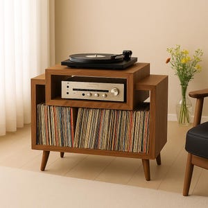 Record Player Stand with Vinyl Record Storage, Solid Wood Turntable Table, MCM Furniture for LP and Record Collections