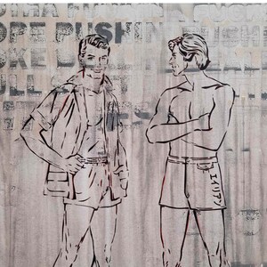 May include: A black and white illustration of two men standing side by side. The man on the left is wearing a short-sleeved shirt and shorts. The man on the right is shirtless and wearing shorts. The background is a textured surface with faded text.
