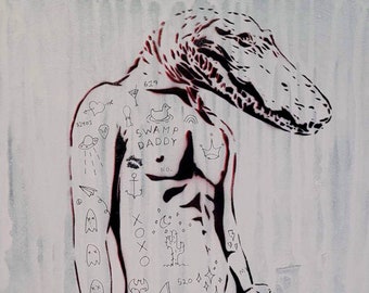 tattoo art, original graffiti painting, queer art, graffiti on canvas, alligator art