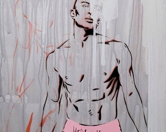 Male Figurative Art, Mixed Media Cute Boy Portrait, Queer Art