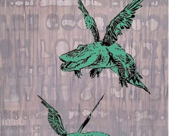 Flying Alligator Painting, southern gothic, Wildlife Art, mixed media painting