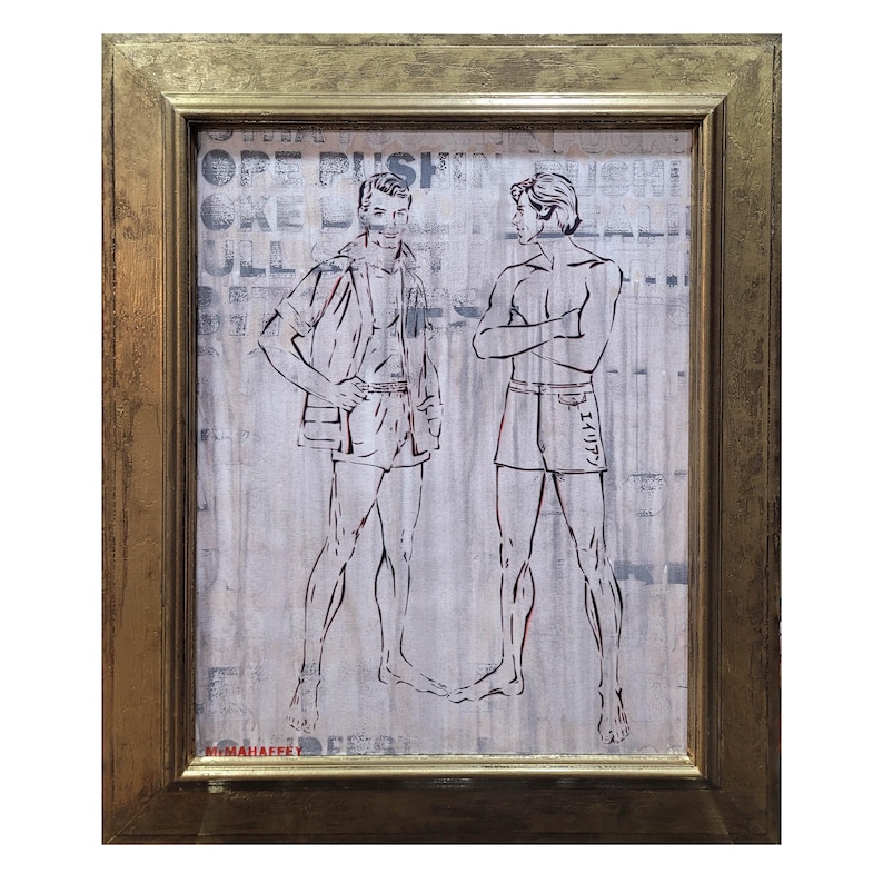 May include: A framed black and white illustration of two men standing side by side. The men are wearing shorts and one is wearing a shirt. The background is a collage of text and images.