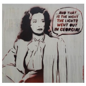 May include: A square canvas painting featuring a black and white stencil-style portrait of a person with dark hair wearing a collared shirt with a bow. A speech bubble contains the text: ...AND THAT... IS THE NIGHT THE LIGHTS WENT OUT IN GEORGIA!