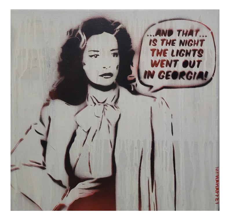 May include: A square canvas painting featuring a black and white stencil-style portrait of a person with dark hair wearing a collared shirt with a bow. A speech bubble contains the text: ...AND THAT... IS THE NIGHT THE LIGHTS WENT OUT IN GEORGIA!