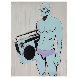 Queer Art Skull Boy Painting: Retro Boombox Graffiti Art Male Figurative Art