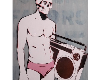Queer Art Skull Boy Painting: Retro Boombox Graffiti Art Male Figurative Art