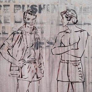 May include: Two men in a vintage style illustration. One man is wearing a short-sleeved shirt and shorts. The other man is shirtless and wearing shorts. The background is a textured wall with faded text.