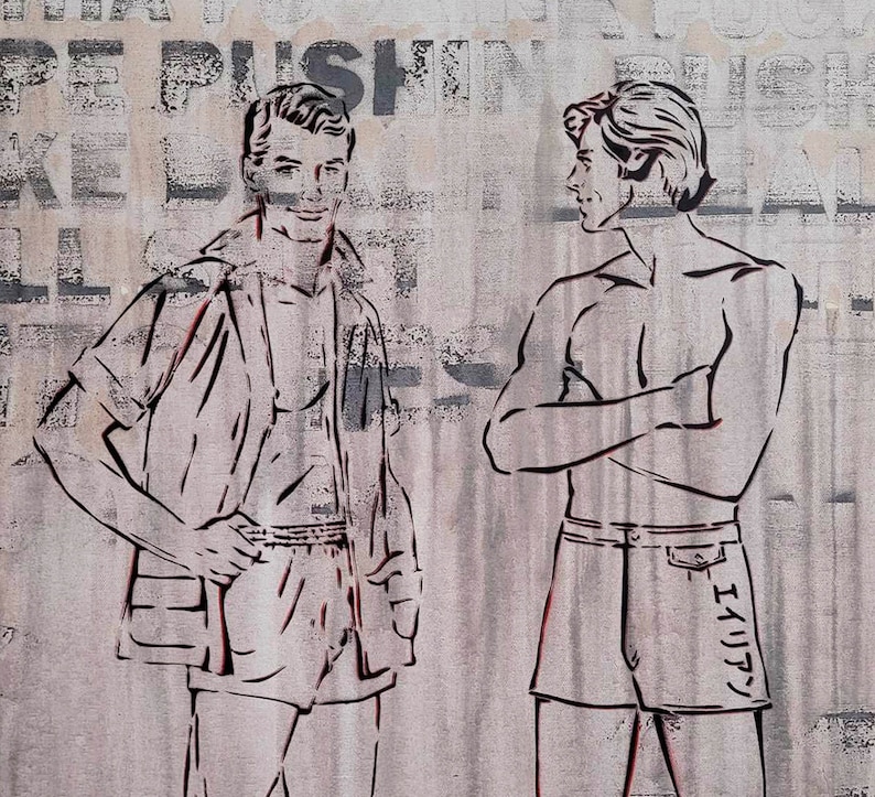May include: Two men in a vintage style illustration. One man is wearing a short-sleeved shirt and shorts. The other man is shirtless and wearing shorts. The background is a textured wall with faded text.