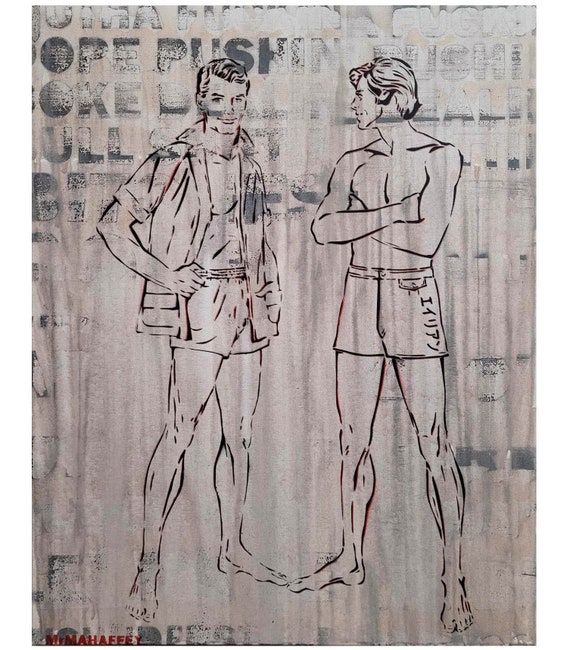 Mid Century Style Queer Art: Summer Boys, Distressed Gold Frame