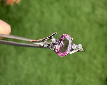 Tilted Natural Pink Sapphire and Diamond Ring . Oval Pink Sapphire Ring . Diamond and Sapphire Ring . 14k Gold Promise Ring Gift for Her