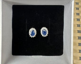 Genuine Blue Sapphire 14K Gold Earrings - Solitaire Diamond Ear Hoops, Solid Gold Earrings , Fine Fashion, Vintage Jewelry, Gifts For Her