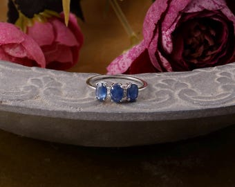 14k Solid Gold Sapphire Wedding Ring • Thin Eternity Stacking Ring for Women • Blue Gemstone and Diamond Ring • Minimalist Gift Jewelry