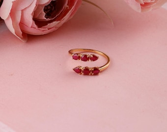 14K Gold Natural Ruby Huggie Ring: Three Stones unique design Ring 14k Solid Gold Natural Ruby Ring, Dainty Stacking Ring, Genuine Fine Ring