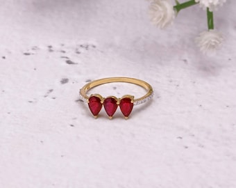 14k Solid Gold Natural Ruby Diamond Ring, Dainty Stacking Ring, Pear Ruby Band, Unique Stackable Ring, Full Eternity Ring, Gift for Women