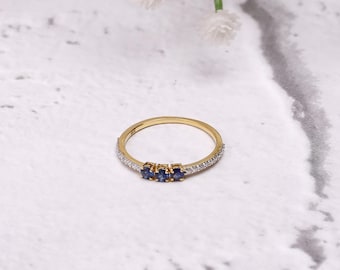 Blue Sapphire Ring 14K Gold Round Cut Natural Sapphire and Diamond Ring Gift for Her September Birthstone Minimalist Jewelry Engagement Ring