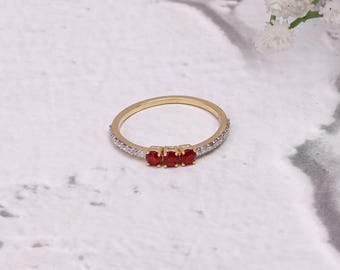 Solid 14k Gold Natural Ruby Diamond Ring, Dainty Stacking Ring, Round Ruby Ring, Unique Minimalist Ring, Half Eternity Ring, Gift for Women