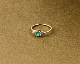 Genuine Emerald Gold and Diamond Ring, 14K Gold Natural Emerald Engagement Ring, Statement Ring, Birthday gift for her, May Birthstone Rings