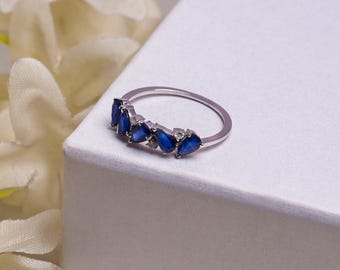 14k Solid Gold Blue Sapphire Wedding Ring • Thin Eternity Stacking Ring for Women • Blue Gemstone and Diamond Ring • Minimalist Gift Jewelry