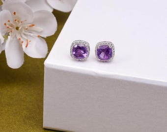 Amethyst Cushion Cut Sterling Silver Earrings: Zircon Accent Sterling Silver Dangle Earrings Handmade 925 Silver Dainty Hoop Earrings Women