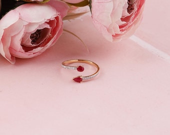 Natural Ruby and Diamond Ring in 14k Gold / Thin Ruby Stacking Rings / Minimalist Ring / Promise Ring / July Birthstone / Friendship Ring