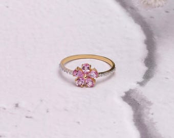 Anello con zaffiro rosa naturale e diamanti in oro 14 carati - Anello con zaffiro rosa dal design unico / Anello nuziale con zaffiro rosa Half Eternity 14 carati