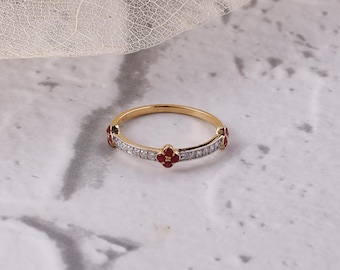 Anello con fascia in oro 14 carati e diamanti, anello in oro massiccio 14 carati con rubino naturale e diamanti, delicato anello impilabile, anelli eterni per lei, regali di nozze per lei