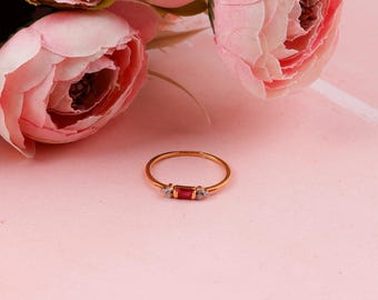 Ruby Ring / Ruby and Diamond Cluster Ring / Genuine Ruby 14K Gold Stackable Ring / Ruby Ring Gold /Natural Ruby Ring 14k Gold /Gifts For Her