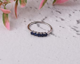 14k Solid Gold Blue Sapphire Minimalist Band • Thin Eternity Stacking Ring for Women • Blue Gemstone and Genuine Ring • Minimalist Gifts
