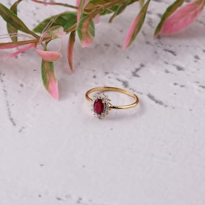 Puede incluir: Un anillo de oro con una piedra central de rubí de corte ovalado, rodeada por un halo de pequeñas piedras preciosas transparentes. El anillo está sobre un fondo blanco con follaje rosa y verde.
