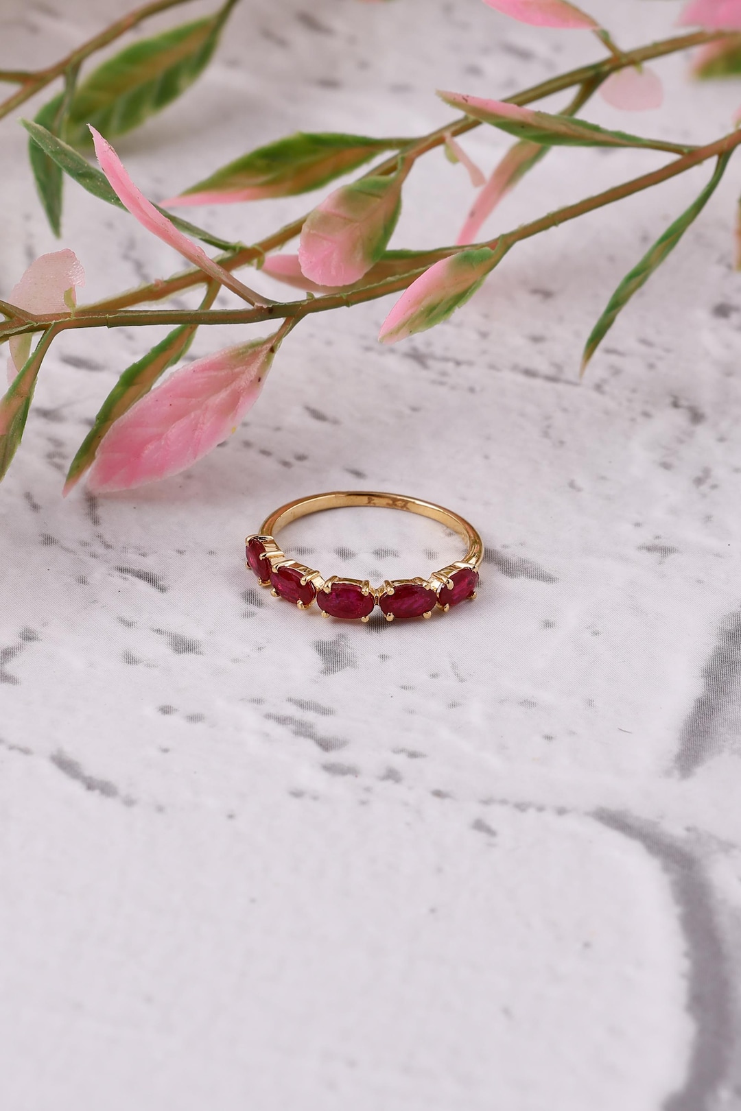 Natural Ruby 14K Gold Half Eternity Ring Art Deco Engagement Ring ...