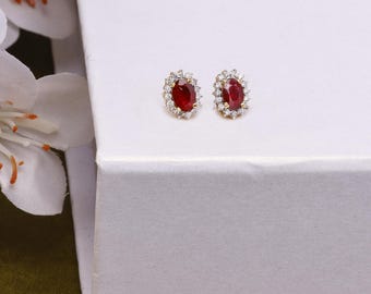 Ruby & Diamond 14K Gold Oval Stud Earrings: Luxury Jewelry Plain Fluted Hoops, Solid Gold Everyday Earrings, Fine Fashion, Art Vintage deco