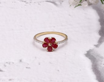 14Kゴールドフラワーリング、ペアールビー＆ダイヤモンドアクセント、ヴィンテージルビーハローリング、ダイヤモンドアクセント、14Kゴールドエンゲージリング、カボション天然ルビーリング