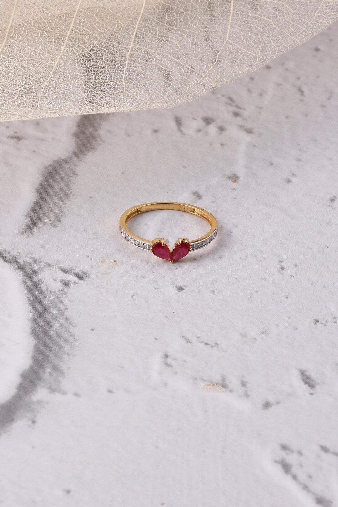 14k Solid Gold Natural Ruby Ring With Diamonds, Dainty Stacking Ring ...