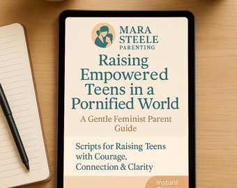 May include: A digital tablet displays the book "Raising Empowered Teens in a Pornified World" by Mara Steele. The cover features teal text and a logo. A cup of coffee, a notepad, and a plant are also visible.