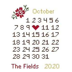 May include: A cross-stitch pattern for October 2020 featuring the text The Fields, a red floral motif, and a red heart replacing the number 10. The calendar grid displays numbers 1 through 31 in brown, with the month and year in tan.