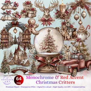 Monochrome Christmas Animals: Red Accent PNG Clipart (Commercial Use)