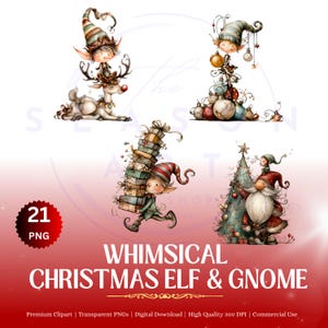 Könnte beinhalten: Ein digitaler Download-Grafik mit skurrilen Weihnachtselfen und -gnomen. Das Bild enthält Illustrationen von Elfen mit Rentieren, Ornamenten und Geschenken. Der Text lautet "WHIMSICAL CHRISTMAS ELF & GNOME" und "21 PNG".