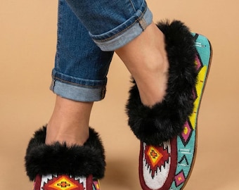 Handmade Beaded Moccasin Slippers, Fur-Lined Suede, Bohemian Shoes