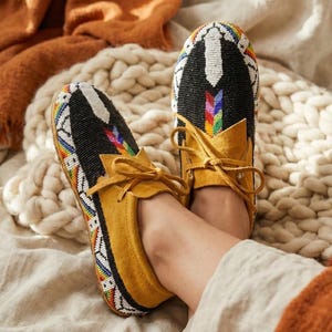 Outdoors and Dancing Beaded Suede Moccasins. Handmade Artisan Inspired Premium Black Lace up Leather Footwear For Women.