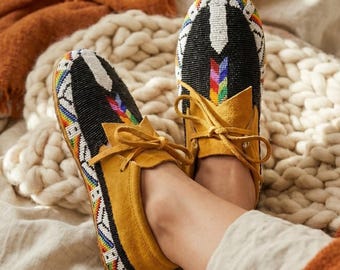 Outdoors and Dancing Beaded Suede Moccasins. Handmade Artisan Inspired Premium Black Lace up Leather Footwear For Women.