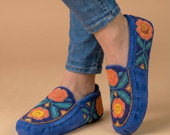 Handmade Beaded Leather Moccasins with Soft Sole. Stylish Shoes For Men & Women.