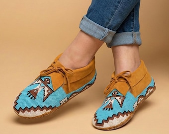 Handmade Fully Beaded Leather Moccasins. Native American Style Shoes For Women. Suitable For Gifting