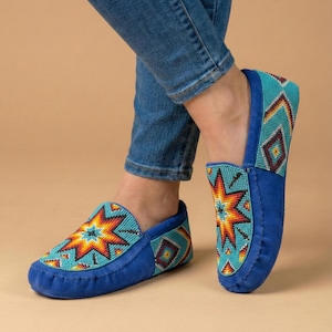 Handmade Leather Moccasins. Stylish Beaded Loafer Shoes with Soft Sole For Women.